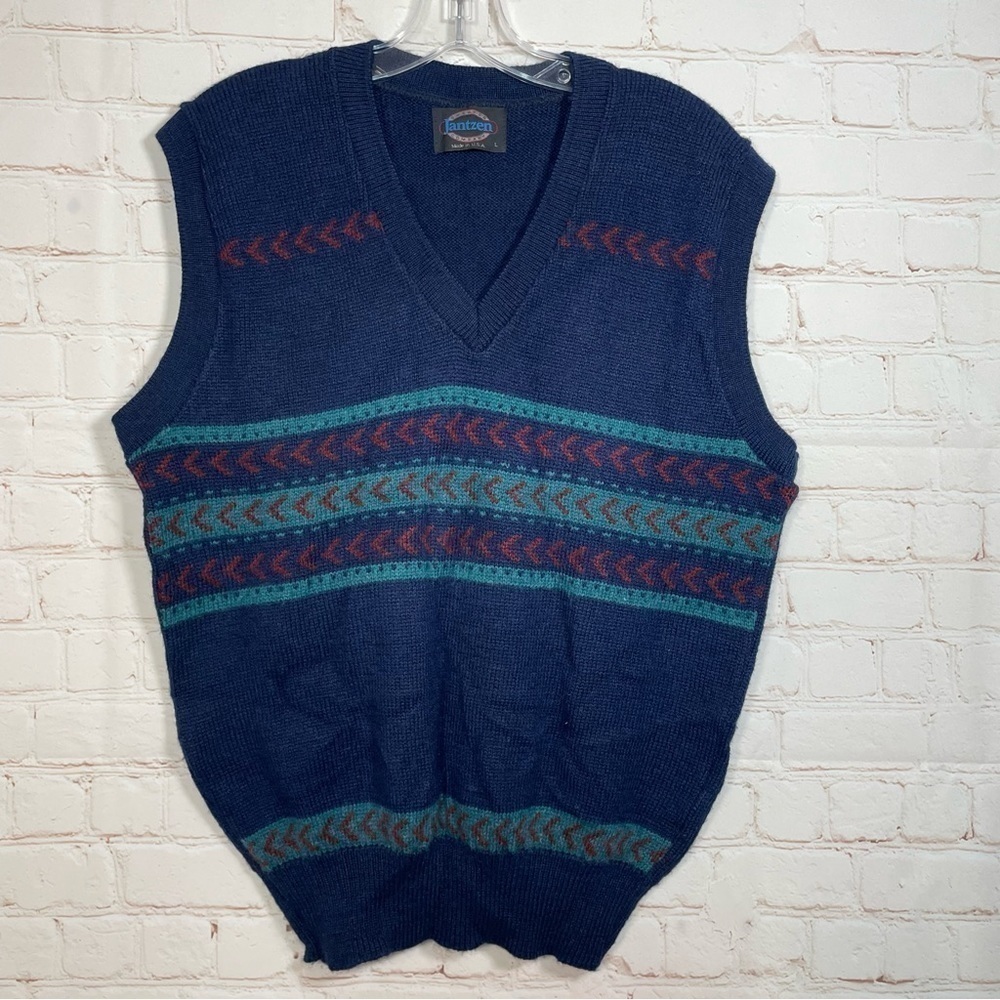 Vintage Jantzen Sweater Vest Mens Large Blue Wool Acrylic Blend Made in USA